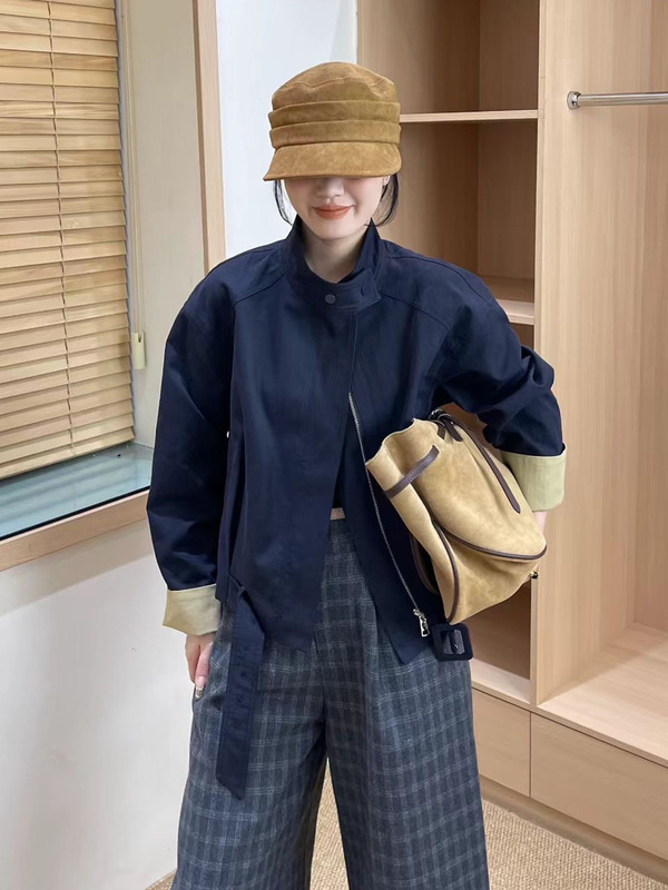 韩版时尚立领袖口拼接拉链短外套女2025秋新款设计感百搭夹克上衣|undefined