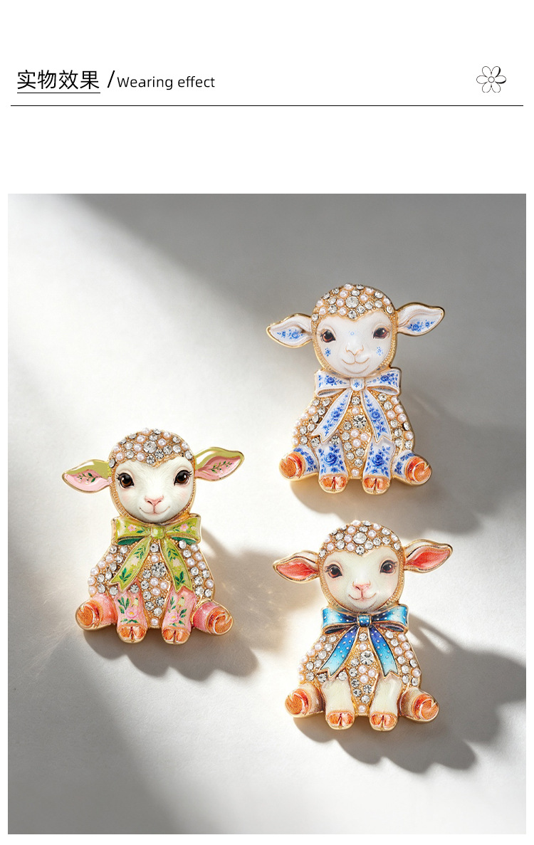 Original cute bowknot lamb brooch with pearls and diamonds, enamel finish, gentle and soothing, decorative pin for women's suits