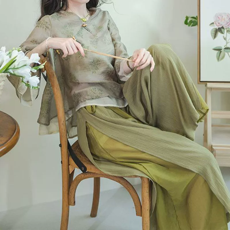 Летняя новая рубашка с семиточечным рукавом с принтом, пряжка, элегантный дзен, поддельный топ из двух частей, брюки, костюм из двух частей