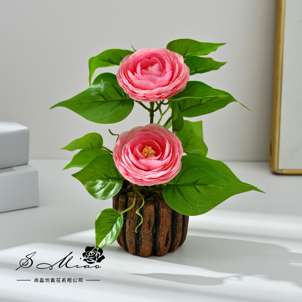 Camellia transfronteriza de dos extremos pequeño bonsai moda imitación maceta flores falsas decoración del hogar fotografía de bodas adornos de flores artificiales