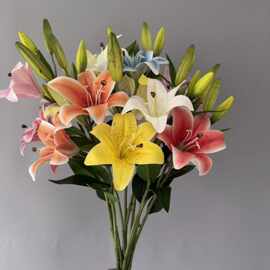 跨境2头3蕾百合仿真花3D打印 家居摆设花艺假花 简约室内造景绢花