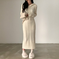 韓国chi秋冬レトロ重工麻模様保温フード付きロングセーターワンピース女性