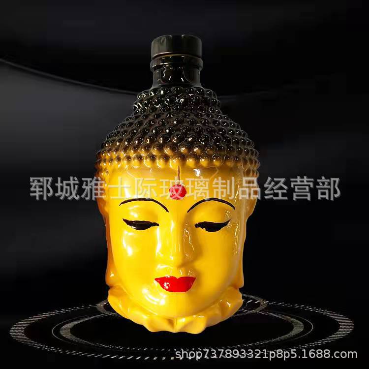 异形500ml莲花佛头酒瓶晶白料厚底白酒瓶电镀uv描金玻璃瓶泡瓶