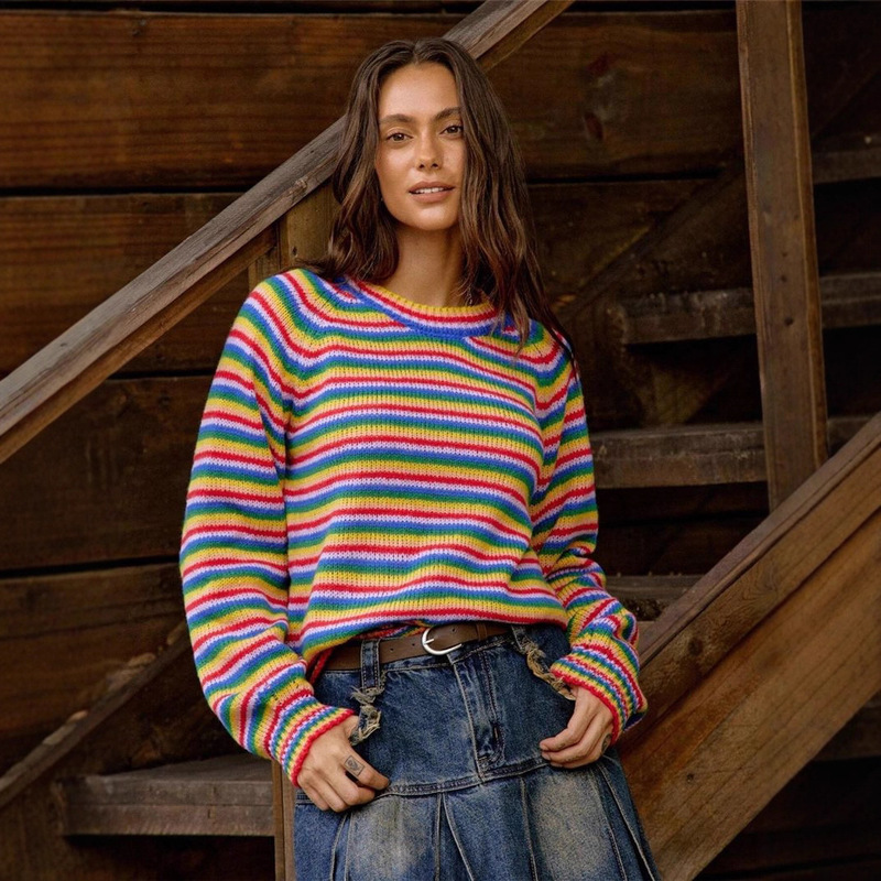 European and American Cross-Border Amazon 2025 New Rainbow Stripesd Sweater Top Knitted Retro Round Neck Long Sleeves Loose