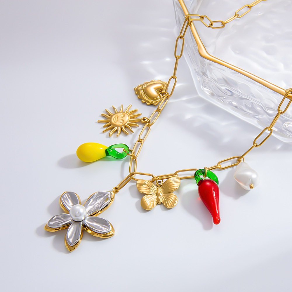 304 Stainless Steel Pendant Material Multi Charms Necklace Classification 304 Stainless Steel Chain Material PVD Coated Real Gold Plated Heart Shape 304 Stainless Steel Elegant Classic Style Streetwear Waterproof Non Tarnish 304 Stainless Steel Lobster Trigger Clasp Closure Multi Charms Necklace