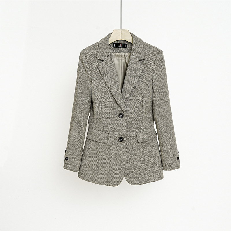 Cross-Border Gray Herringbone Woolen Blazer for Women, New Autumn and Winter Trendy Korean-Style Suit Jacket
