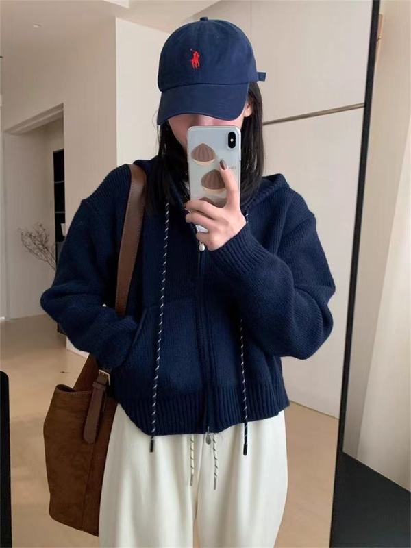 时尚慵懒风连帽针织开衫毛衣女秋冬季新款宽松短款休闲外套上衣|undefined