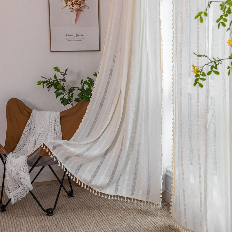 Cross-border factory curtain finished hollow cotton and linen tassel living room bedroom study tassel gray decorative floating window curtain