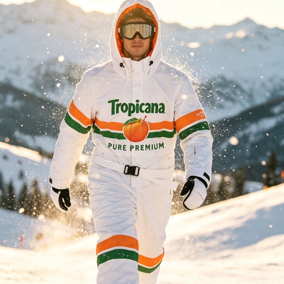 Foreign trade cross-border ski suit, one-piece retro orange juice collaboration, unisex, waterproof and warm, suitable for snowboarding and skiing.