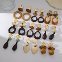 跨境饰品轻奢小众高级感几何椭圆耳钉耳饰美拉德复古仿木质耳环女