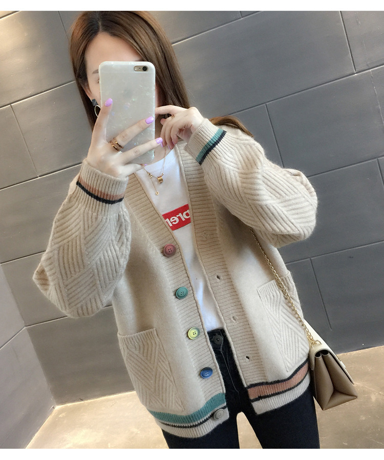 Women's Clothing Knitted Sweater V Neck All match Small Cardigan Jacket Women's Colorblock Sweater _voghion.com