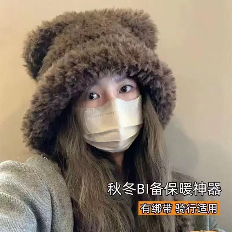 新款秋冬可爱小熊保暖帽女孩显脸小护耳毛线帽日韩系带百搭针织帽|undefined