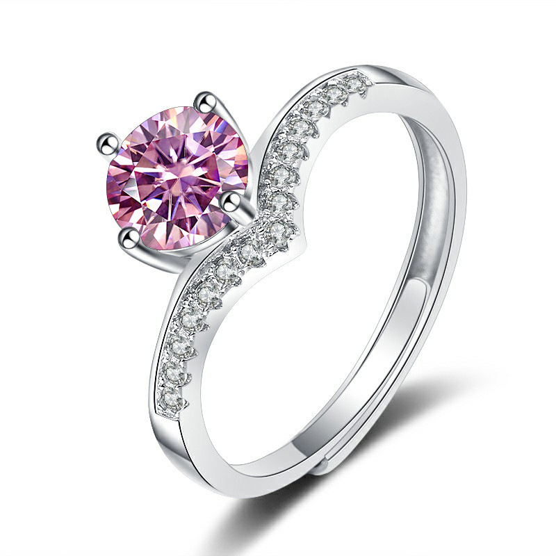 Europa y los Estados Unidos transfronterizos S925 plata plateada 1 / 2 quilates anillo redondo de piedra de moissanita abierta ajustable transmisión en vivo