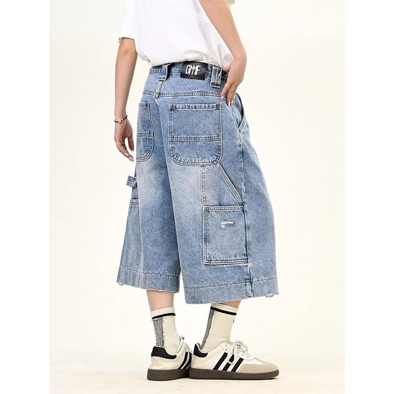 Plus-Size Designer Workwear Denim Cropped Shorts for Women, Summer, Plus-Size, American Retro, Distressed, Loose Wide-Leg Mid-Length Shorts