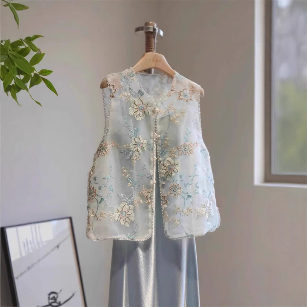New Chinese Style Beautiful Blue Vest for Women 2025 Summer Thin Organza Embroidered Flower Young Chinese Style Vest Top