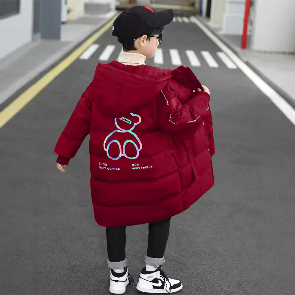 男童冬装加厚棉服外套新款中大儿童棉衣男孩中长款夜光红色棉袄潮