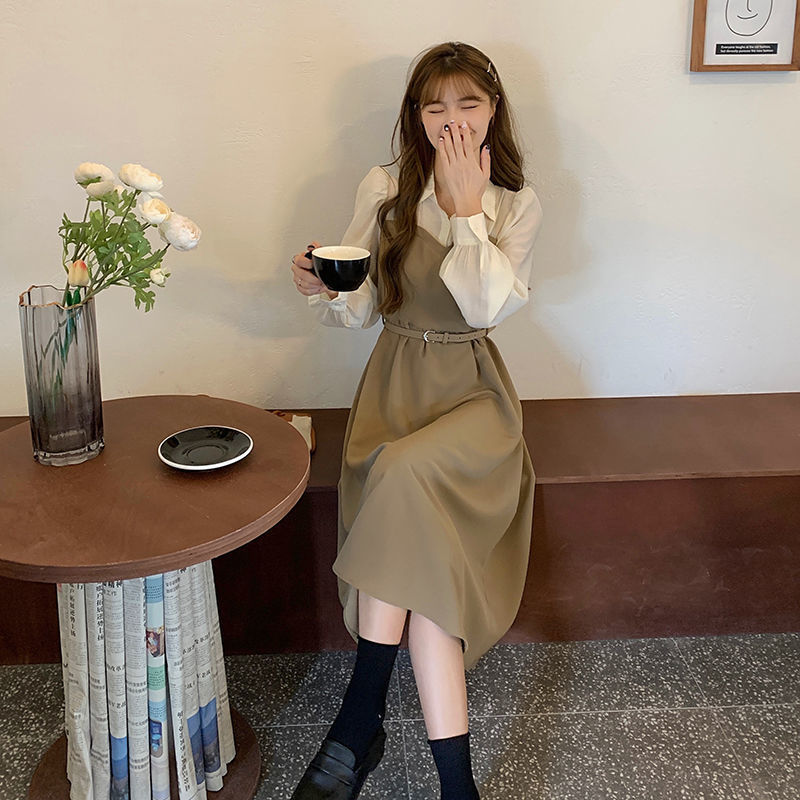 Spring 2026 New Style Elegant Slim-Fit Patchwork Faux Two-Piece Polo Collar Puff Sleeve Shirt Dress A-Line Skirt for Women Spring 2026 New Style Elegant Slim-Fit Patchwork Faux Two-Piece Polo Collar Puff Sleeve Shirt Dress A-Line Skirt for Women