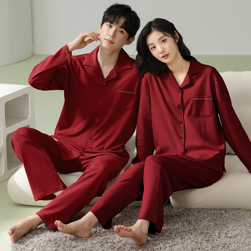 커플 잠옷 홈 순수 코튼 긴 소매 축제 레드 웨딩 조디악 년 간단한 캐주얼 가디건