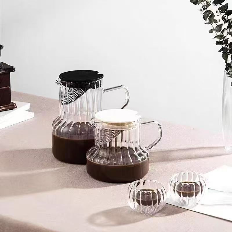 ins轻奢带滤嘴茶壶 高硼硅玻璃竖纹咖啡壶 饮料壶办公商务喝水壶