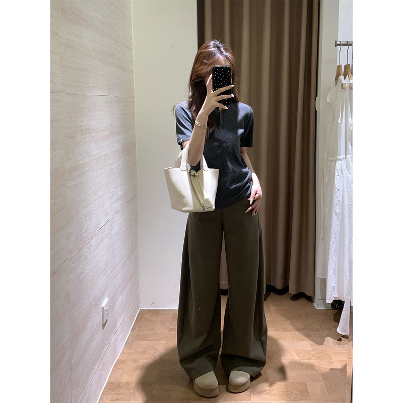 红人店同款！设计感满满！韩系两粒扣慵懒垂感弯刀裤休闲阔腿裤女|undefined