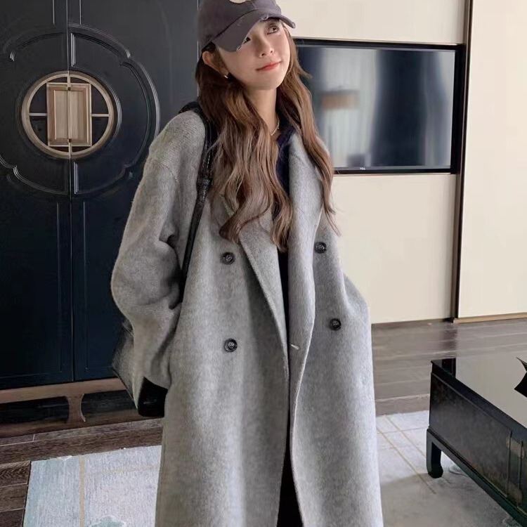 Autumn and Winter New Trendy Simple Versatile High-End Buckle Elegant Korean Style High-End Baby Camel Wool Double-Sided Wool Hand-Stitched Coat