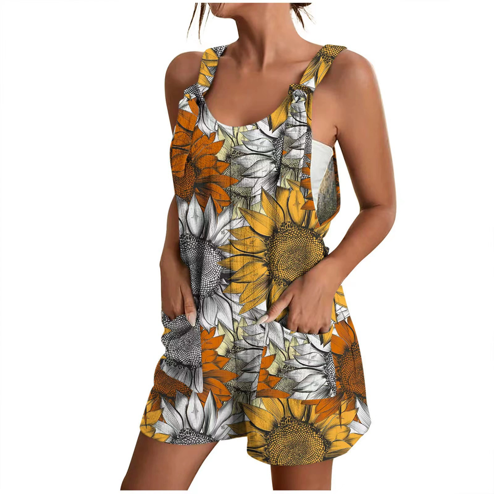 Summer overall for leisure with pockets, European style, for import, V-neckline, lifting effect