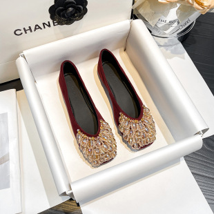 Square head rhinestone shallow soft bottom fleece-lined shoes women 2024 new fairy style ladle shoes flat bean shoes increased inside