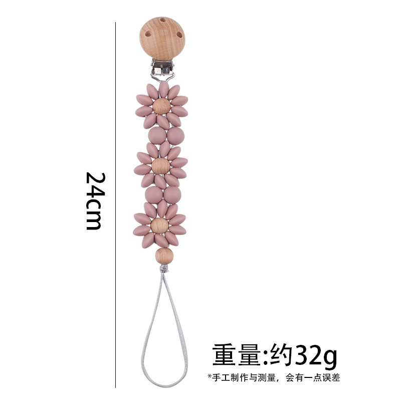 Nuevos productos para bebés, clip de chupete redondo de madera de haya, reconforta la cadena de chupete de silicona de girasol del bebé