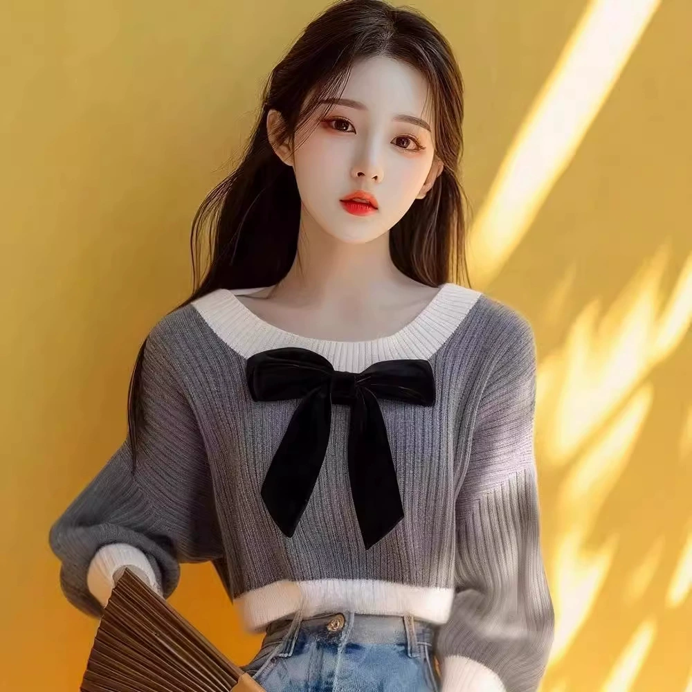 Xiao Xiangfeng контрастный цвет свитер корейский ленивый ветер осенний женский 2024 новый темпераментный вязаный топ