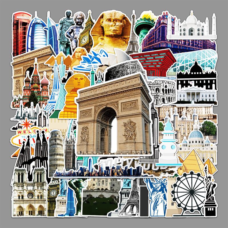 64 sheets of non-repeating landmark building stickers diy luggage bike scooter car waterproof decorative stickers