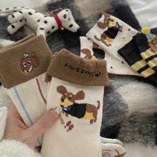 South Korea Socks Women Ins Dachshund Dog Socks Cute Cartoon Autumn and Winter Mid-tube Socks Women's All-match Sweat-wicking Stacking Socks for Women