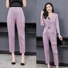 三宅九分裤中腰小脚裤档口夏季女装新品褶皱套装齿条萝卜裤休闲裤