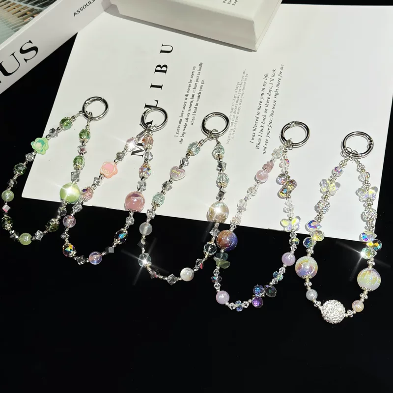 Sophisticated mobile phone, strap, short beaded bracelet, keychain