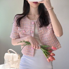 フランス風の小香風の粗い花のショートコートの女性の夏の新型の薄いタイプの外はカーディガンの洋風の短い上着を掛けます。
