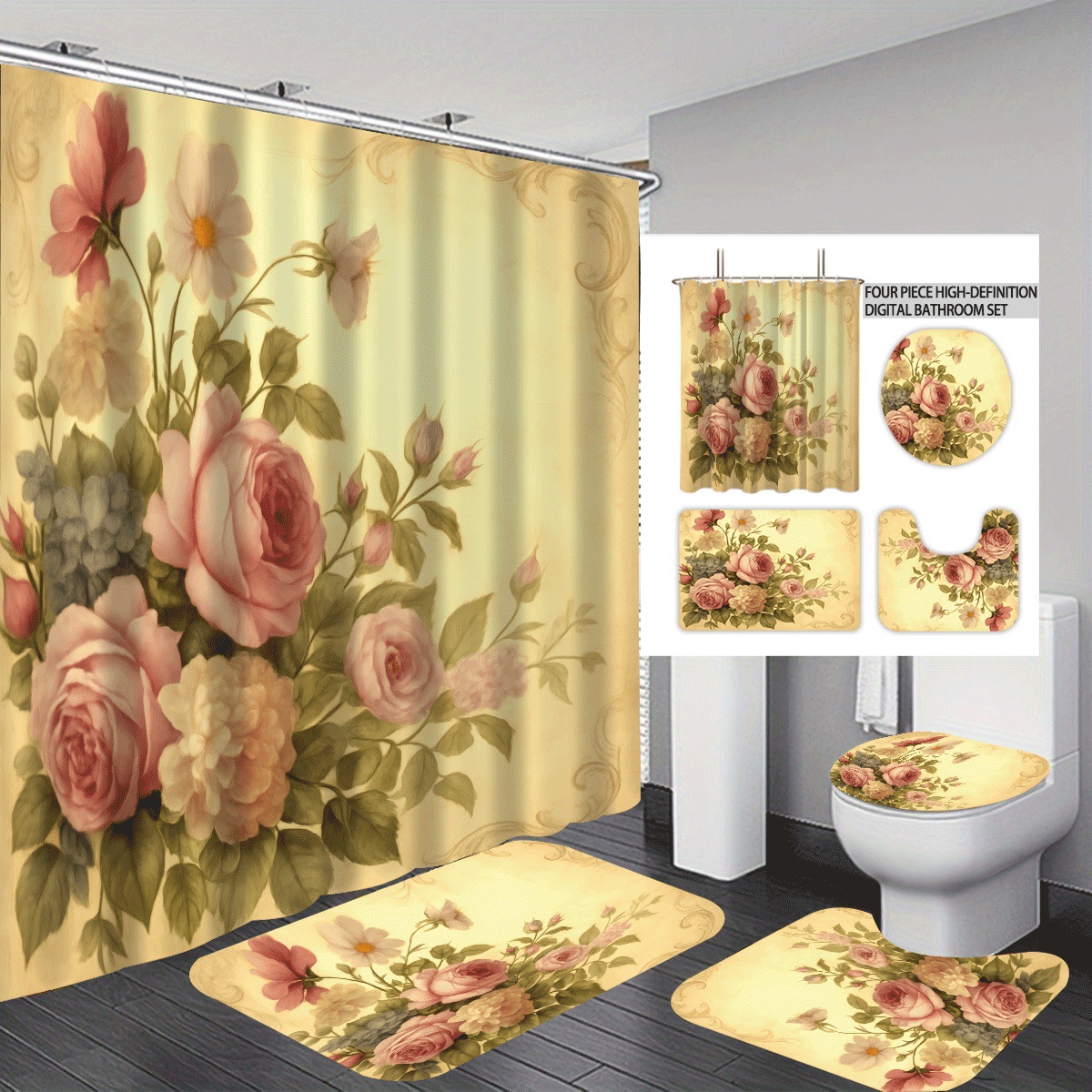 Agente de poliéster Mei Ke más cortina de baño impermeable serie de agua floral 3D impresión digital cortina de baño cuatro piezas alfombra absorbente