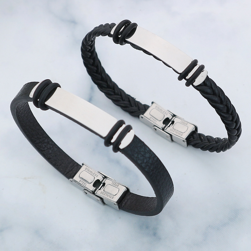Cross-border e-commerce supply retro black woven stainless steel men's bracelet fashion titanium steel DIY leather bracelet wholesale