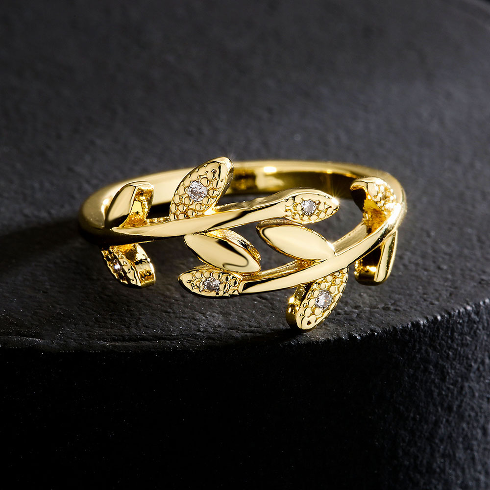 Copper Material Geometric Pattern Fashion Copper 18k Gold Zircon Leaf Geometric Shape Open Ring Female
