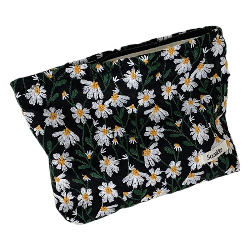 19221 fresco bordado Margarita flor bolso cosmético de las mujeres simple portátil lápiz caso gran capacidad estilo japonés artístico
