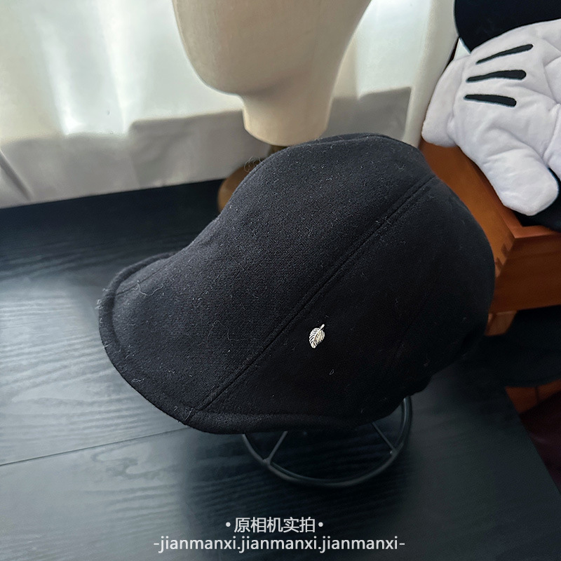 软檐毛呢纯色鸭舌帽子女秋冬时尚显脸小贝雷帽简约百搭保暖前进帽|undefined
