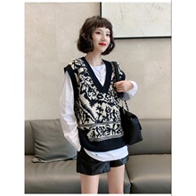大码2025年新款马甲女复古图腾提花V领马夹毛线针织秋冬背心坎肩