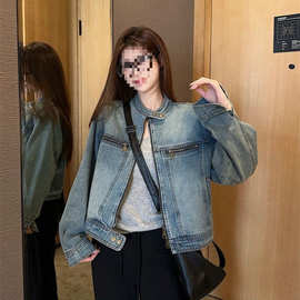 复古机车长袖牛仔外套女春秋季新款设计感水洗短款夹克拉链上衣