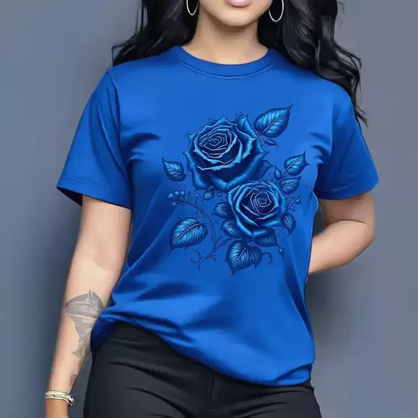 European Size Cross-Border Cotton Women's Light Blue Yellow Rose Print Short Sleeve