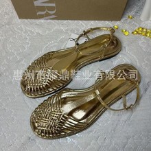 ZA2025年秋季新款复古圆头平底罗马鞋编织镂空一字扣带包头凉鞋女