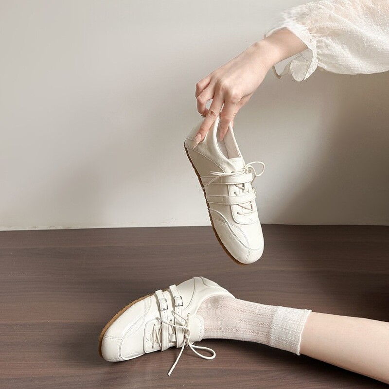 Soft Leather Version~Inner Height-Increasing Ballet Trainers 2026 Spring New Square-Toe Lace-Up Casual Sports Mary Jane Shoes