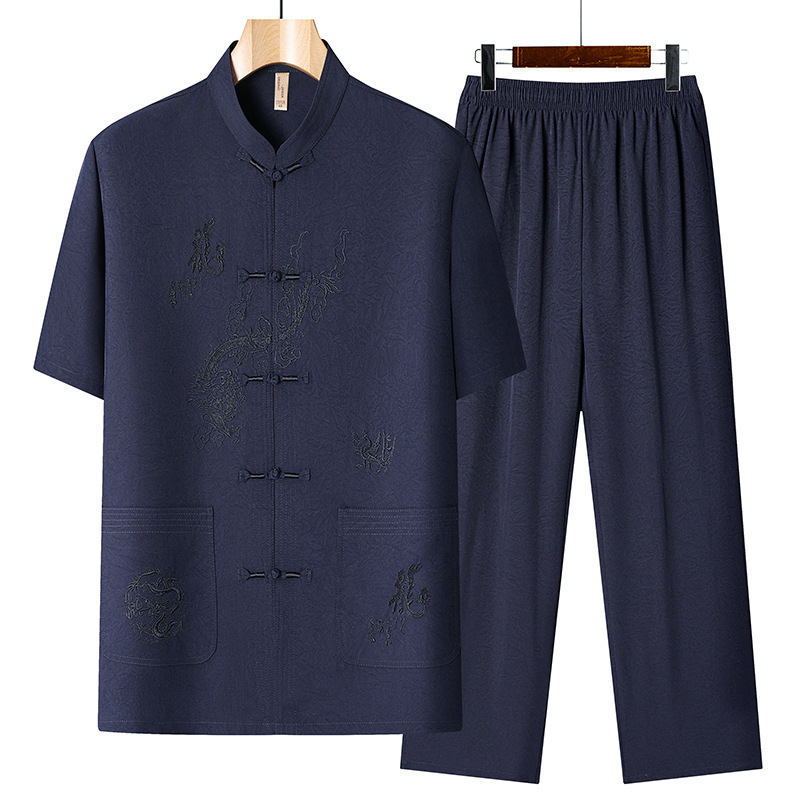 Middle-Aged and Elderly Men's Tang Suit Short-Sleeve Two-Piece Set Chinese Style Dad's Summer Casual Outfit for Seniors