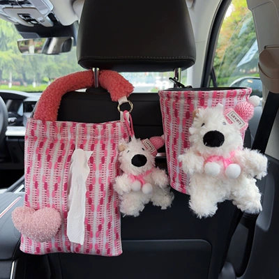 bag for women | Car tissue box/set - pink-heart-shaped-fabric-hanging-tissue-bag-west-highland-pink-hat-west-highland-trash-can