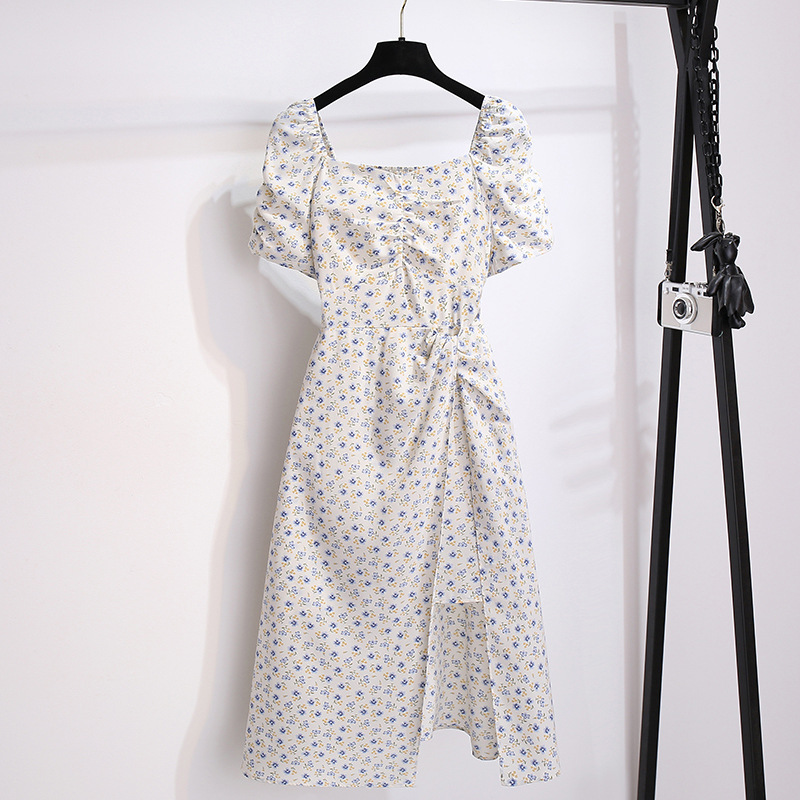 ティーブレイクフレンチグリーン小花柄シフォンドレス女性のための 2025 夏の新しいスクエアカラーパフスリーブスリットスカート|undefined