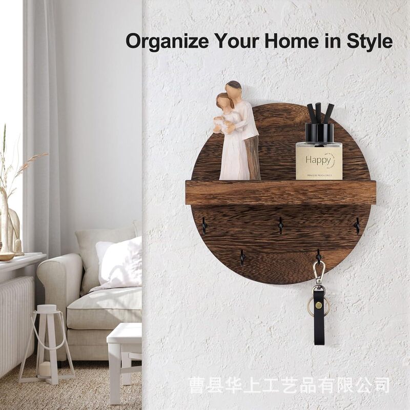 Wooden Key Rack Entrance Wall-mounted Decorative Rack Round with Partition Shelf Living Room Wall Envelope Mail Rack