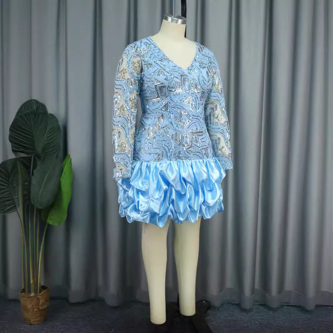 Dámske oblečenie Letné nové flitrované šaty s výstrihom do V Párty vrstvené šaty_voghion.com