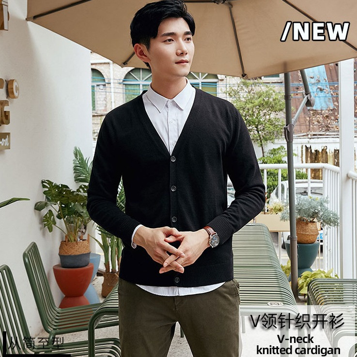 Wholesale Men's Autumn and Winter 100% Cotton Men's Sweater Knitted Cardigan Slim Long-Sleeved Korean Style V Neck Casual Jacket